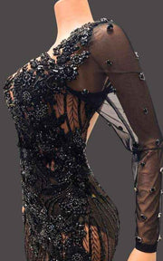 Illusion Prom Gown With Long Sleeves And Intricate Branch-Patterned Beading