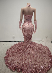 Carol Sparkly Sequin Halter Pink Mermaid Long Prom Dress - Ready to Ship