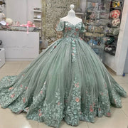 Sage Green Quinceañera Ball Gown with 3D Floral Appliques