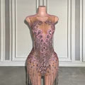 Luxury Pink Rhinestone Sheer Mesh Diamond Beaded Tassel Mini Cocktail Gown