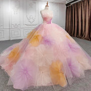 Flower Beaded Strapless Pink Quinceañera Dress