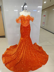 Enchantment Sequin Mermaid Gown With 3D Leaf-Appliqué Off-The-Shoulder Neckline - Ready to Ship