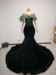 Enchantment Sequin Mermaid Gown With 3D Leaf-Appliqué Off-The-Shoulder Neckline - Ready to Ship
