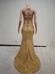 Genevieve Gold Crystal Mesh See-Through Long Evening Gown-Ready to Ship
