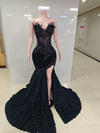 Black Mermaid Evening Gown with Sheer Beaded Corset - Ready to Ship