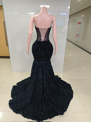 Black Mermaid Evening Gown with Sheer Beaded Corset - Ready to Ship