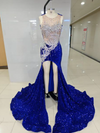 Royal Blue Sequin Gown with Sheer Crystal Bodice and High Slit Train - Ready to Ship