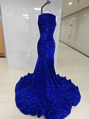 Royal Blue Sequin Gown with Sheer Crystal Bodice and High Slit Train - Ready to Ship