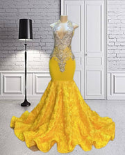 Yellow Ruched FlowersSliver Crystal Beaded Prom Dresses Mermaid Dresses For Party Wedding Evening Gala Dress Elegant