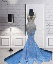 Luxious Blue Sequin Sliver Crystal Beading Prom Dresses 2023 Luxury Gowns Mermaid Dress For Party Wedding Evening O Neck Formal