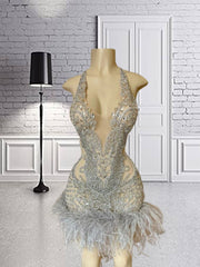 Glamorous Blue Halter Feathered Party Dress
