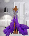 Purple Beaded Rhinestone Long Ruffles Prom Dress