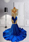 Royal Blue High Neck Crystal Rhinestone Prom Dress