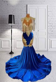Royal Blue High Neck Long Prom Dress 2023 Beaded Crystal Rhinestone Birthday Party Dresses Tassel Evening Gown