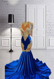 Royal Blue High Neck Long Prom Dress 2023 Beaded Crystal Rhinestone Birthday Party Dresses Tassel Evening Gown