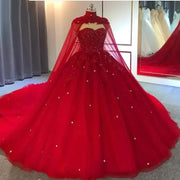 Beaded Lace Ball Gown with Cape