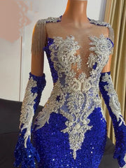 Royal Blue Sequin Mermaid Prom Dress with Luxurious Crystals & Silver Beads