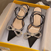 2026 New Fashion Glitter Rhinestones Women Pumps Crystal Bowknot Silk Pointed Toe Buckle Strap Thin High Heels