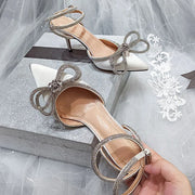 2026 New Fashion Glitter Rhinestones Women Pumps Crystal Bowknot Silk Pointed Toe Buckle Strap Thin High Heels