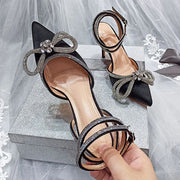 2026 New Fashion Glitter Rhinestones Women Pumps Crystal Bowknot Silk Pointed Toe Buckle Strap Thin High Heels