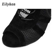 Eilyken 2022 Fashion Black Summer Sandals Lace Up Cross-tied Peep Toe High Heel Ankle Strap Net Surface Hollow Out Sandals