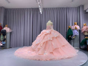 Pink quinceañera dress with corset bodice, illusion sleeves, and princess silhouette skirt.