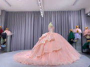 Pink quinceañera dress with corset bodice, illusion sleeves, and princess silhouette skirt.