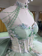 Sage green quinceañera dress with 3D handmade flower appliques for milestone celebration styling