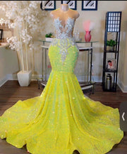 Yellow Sequins Sparkly Mermaid Prom Dresses 2023