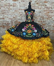 Colorful Embroidery Ruffle Ball Gown