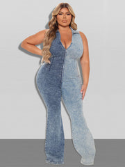 Plus Size Contrast Color Zipper Up Sleeveless Jumpsuit