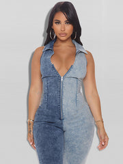 Plus Size Contrast Color Zipper Up Sleeveless Jumpsuit