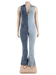 Plus Size Contrast Color Zipper Up Sleeveless Jumpsuit