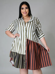 Plus Size Contrast Color Striped Half Sleeve Dress