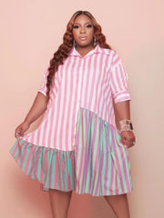 Plus Size Contrast Color Striped Half Sleeve Dress