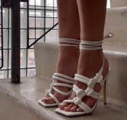 Stylish White Lace Up Stiletto  Heeled Sandals