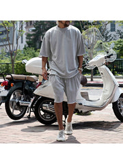 Men Summer Casual Pure Color Short Sleeve Shorts Suit