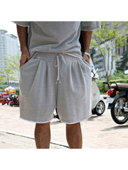 Men Summer Casual Pure Color Short Sleeve Shorts Suit