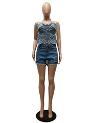 Summer Denim Rhinestone Butterfly Tank 2pc Shorts Sets