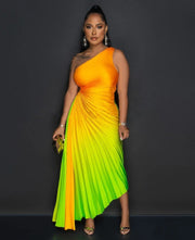 Sexy Gradient Ruched One Shoulder Maxi Dress