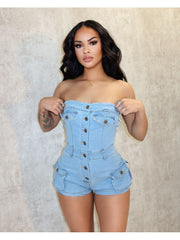 Cargo Pocket Denim Strapless Rompers