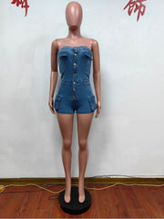 Cargo Pocket Denim Strapless Rompers