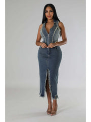 Deep V Neck Denim Zipper Skirt Sets