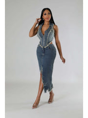 Deep V Neck Denim Zipper Skirt Sets