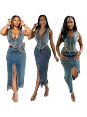 Deep V Neck Denim Zipper Skirt Sets