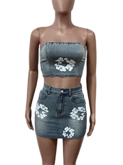 Floral Printed Denim Zipper Tube Skirt Sets