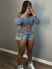 Denim Cropped Jackets Shorts Sets