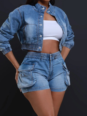 Denim Cropped Jackets Shorts Sets