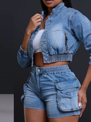 Denim Cropped Jackets Shorts Sets