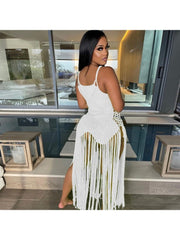 Hollow Out Fringe Backless Sleeveless Maxi Dresses
